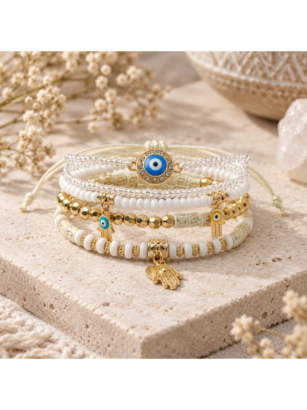 Evil Eye & Hamsa Layered Bracelet Set White & Gold Boho Protection Bracelets